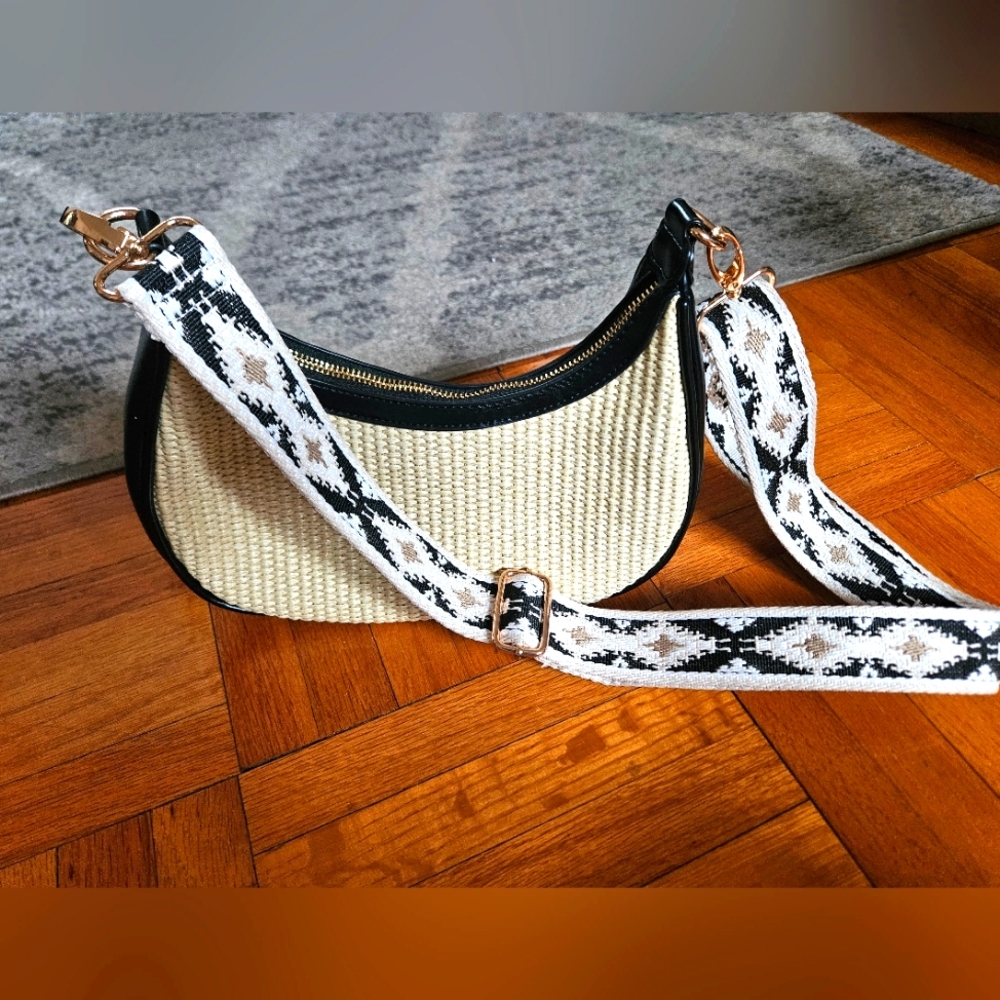 Ahdorned Cream Black Crossbody Bag W Embroidered Boho Thick Strap NEW